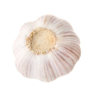 Soyulmamış taze sarımsak başı beyaza izole edilmiş.