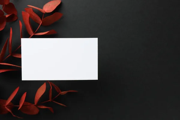 Blank business card and red eucalyptus branches on black background, flat lay. Mockup for design