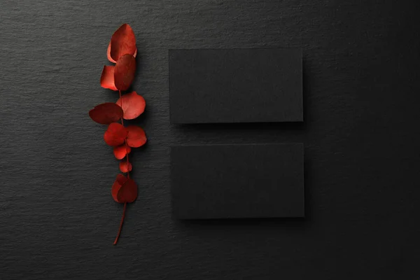 Blank business cards and red eucalyptus branch on black background, flat lay. Mockup for design