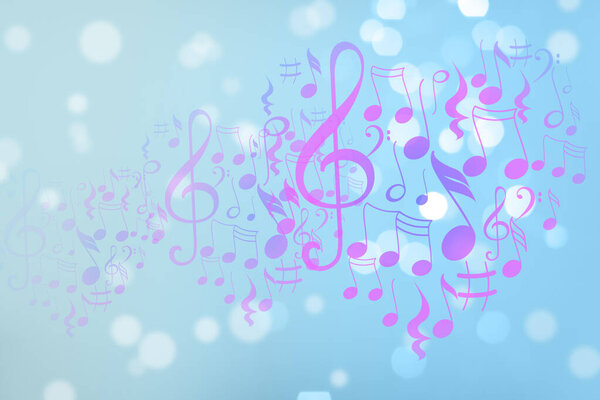 Notas Musicales Sobre Fondo Azul Claro Con Luces Borrosas Efecto — Foto de Stock