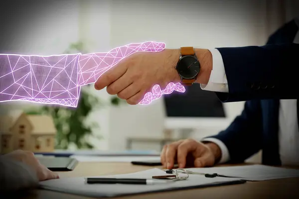 Businessman shaking hands with virtual partner indoors, closeup. Illustration of digital hand