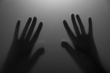 Camların arkasındaki tüyler ürpertici hayalet silueti gri arka planda, yakın plan