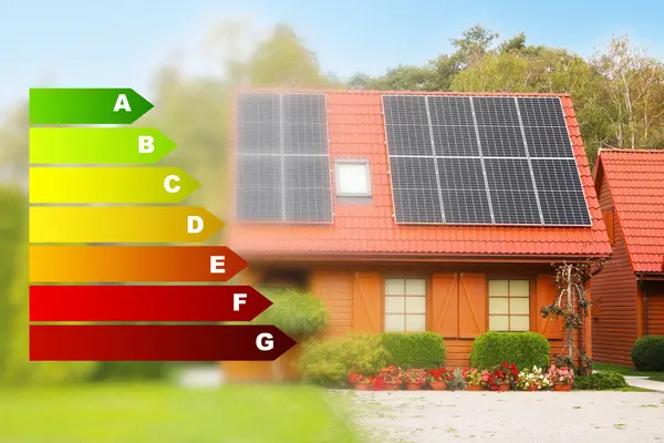 Energy efficiency rating and blurred view of house with solar panels outdoors