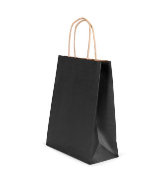 Bir siyah kağıt alışveriş çantası beyaza izole edilmiş.