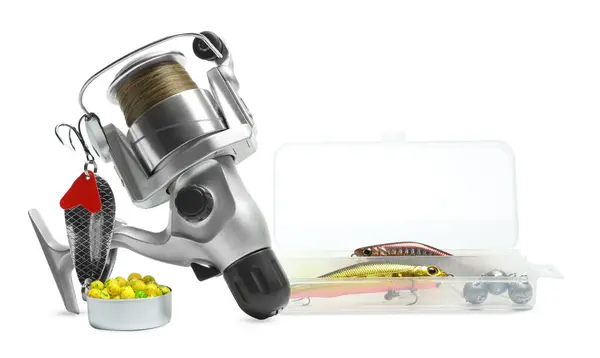 Different Fishing Baits Spinning Reel Line Isolated White — Stock Photo, Image