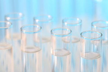 Laboratuvar analizi. Açık mavi arka planda birçok cam test tüpü, yakın plan