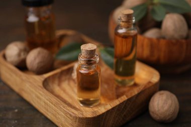 Nutmeg temel yağ ve fındıklar ahşap masada.