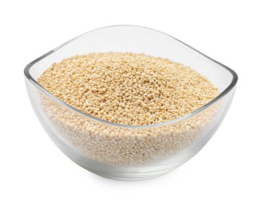 Cam kasede beyaz izole ham quinoa