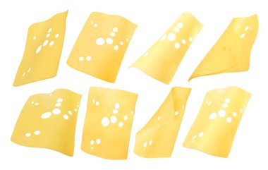 Lezzetli peynir dilimleri beyaza izole edilmiş.