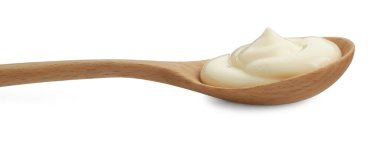 Tahta kaşıkta taze mayonez sosu.