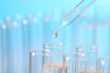 Laboratuvar analizi. Açık mavi arkaplanda pipetten cam test tüpüne sıvı damlatılıyor, yakın plan ve metin için boşluk