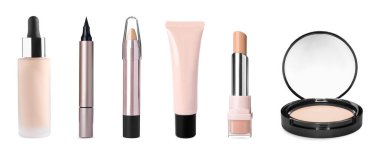 Yüz pudrası ve diğer makyaj ürünleri beyaz, set üzerinde izole