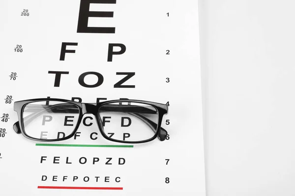 Glasses and vision test chart isolated on white, above view