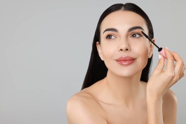 Gri arkaplana rimel süren güzel bir genç kadın. Metin için boşluk