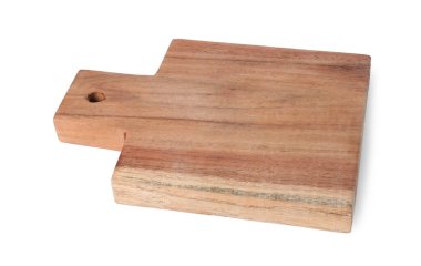 Beyaz üzerine izole edilmiş bir tahta kesme tahtası.