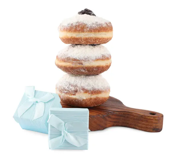 Святкування Ханука Подарункові Коробки Пончики Ізольовані Білому — стокове фото