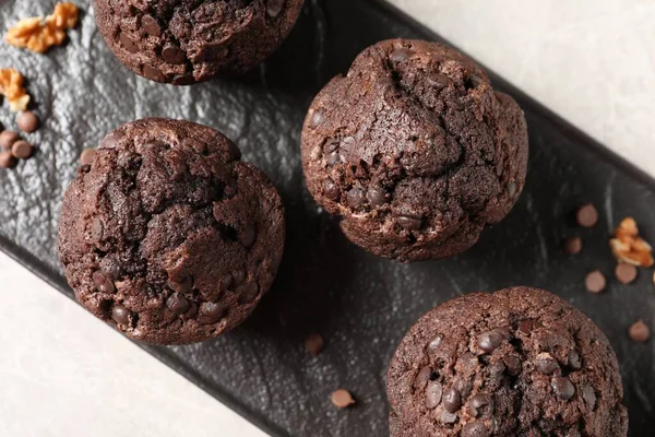 Köstliche Schokoladenmuffins Auf Hellem Tisch Draufsicht — Stockfoto