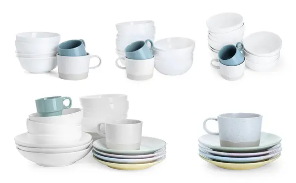 Stapeln Von Keramiktellern Schüsseln Und Tassen Isoliert Auf Weiß Set — Stockfoto