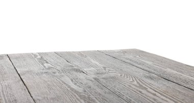 Boş gri ahşap masa beyaz üzerine izole