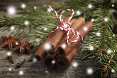 Farklı baharatlar ve ağaç dalları ahşap masada, yakın plan. Tarçın, karanfil, anason