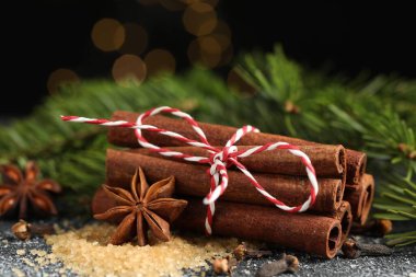 Gri desenli masa üzerinde farklı aromatik baharatlar ve köknar dalları.