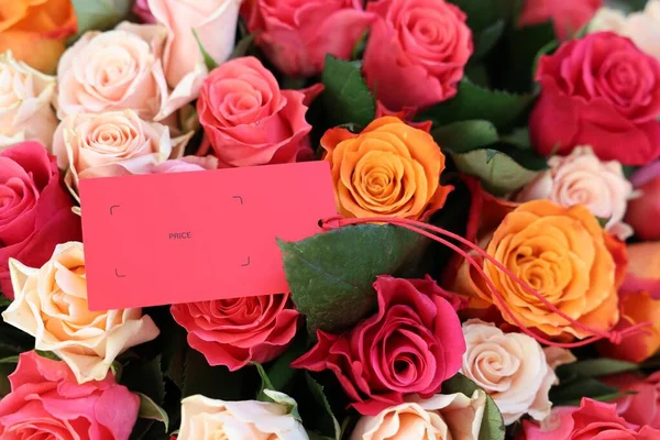 Buquê Belas Rosas Com Cartão Branco Close — Fotografia de Stock