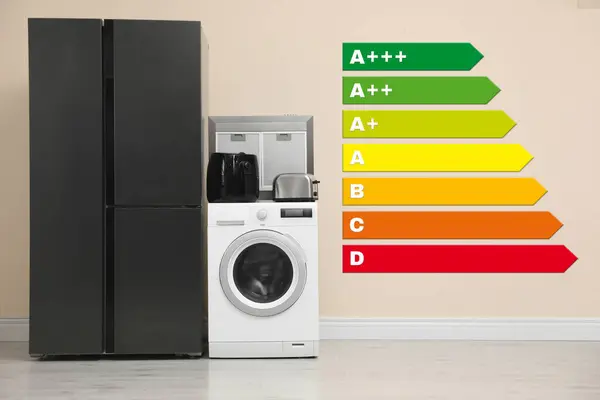 Energy efficiency rating label and different household appliances near beige wall indoors