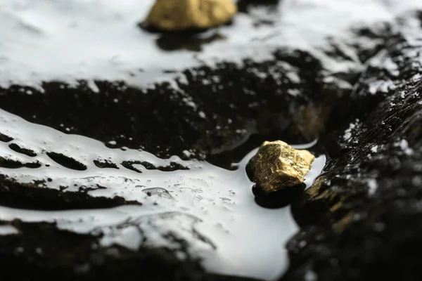 Shiny gold nugget on wet stone, closeup. Space for text