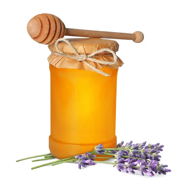 Honung Glasburk Dipper Och Lavendel Blommor Isolerade Vit — Stockfoto