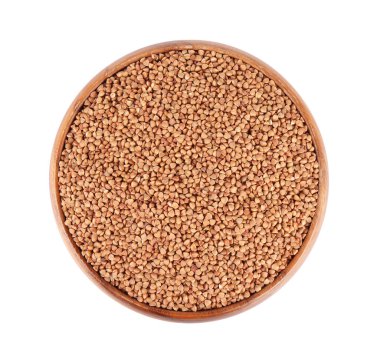 Kabın içindeki çiğ karabuğday beyazda izole edilmiş, üst manzara