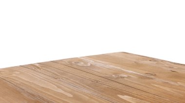 Boş açık kahverengi ahşap masa beyaz üzerine izole