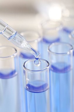 Laboratuvar analizi. Pipetten açık mavi sıvıyı bulanık arkaplanda cam test tüpüne damlatarak, yakın plan
