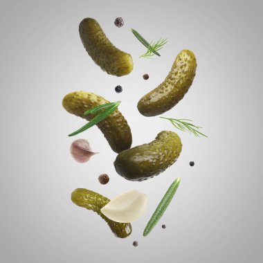 Açık gri arka plana düşen lezzetli salatalık, bitki ve baharatlar.