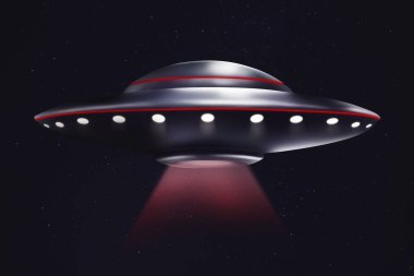 UFO. Uzaylı uzay gemisi siyah arkaplanda ışık ışını yayıyor.