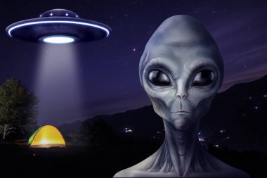 UFO. Uçan uzay gemisi gece çadırın üzerinden ışık huzmesi yayıyor. Uzaylılar tarafından insan medeniyetinin kaçırılması ve keşfedilmesi