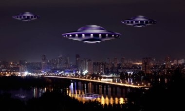 UFO. Gece şehrinde uçan uzaylı uzay gemileri. Dünya dışı ziyaretçiler.