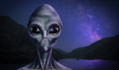 Yıldızlı gökyüzünün altındaki dağlarda bir uzaylı. Dünya dışı ziyaretçiler.