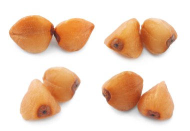 Çiğ karabuğday taneleri beyaz üzerine izole edilmiş.