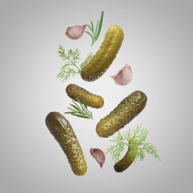 Açık gri zemin üzerine düşen lezzetli salatalık, sarımsak, dereotu ve biberiye.