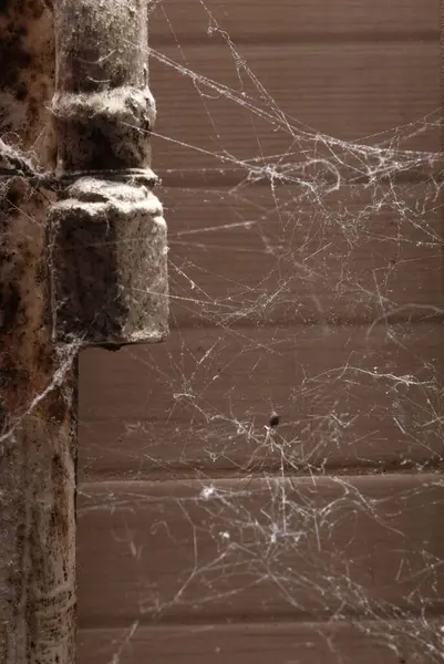 Spinnweben Wandnähe Und Rostige Wasserleitungen Innenräumen — Stockfoto