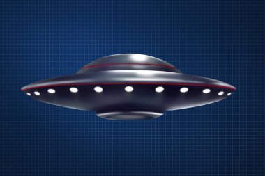 UFO. Boş plan arkaplanı üzerinde uzaylı uzay gemisi, illüstrasyon