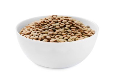 Beyaz tenceredeki çiğ mercimek.