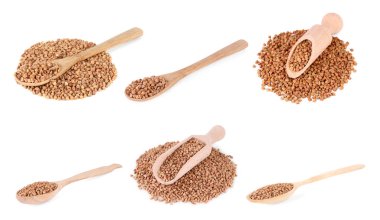 Kuru karabuğday taneleri beyaz üzerine izole edilmiş.