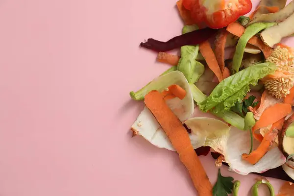ピンクのバックグラウンドに新鮮な野菜の皮 平らな層 テキスト用スペース — ストック写真