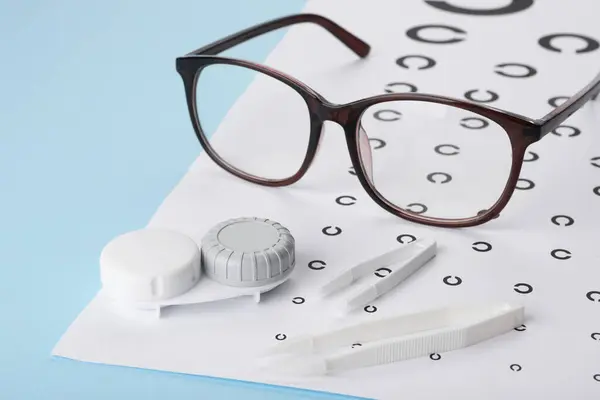 Gráfico Teste Visão Óculos Lentes Pinças Sobre Fundo Azul Claro — Fotografia de Stock