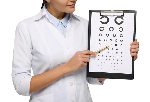 Okulista Wskazujący Wykres Testu Wzroku Białym Tle Zbliżenie — Zdjęcie stockowe