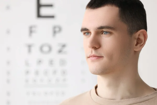 Portrait of young man against vision test chart