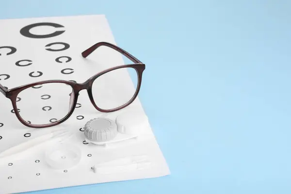 Gráfico Teste Visão Óculos Lentes Pinças Fundo Azul Claro Espaço — Fotografia de Stock