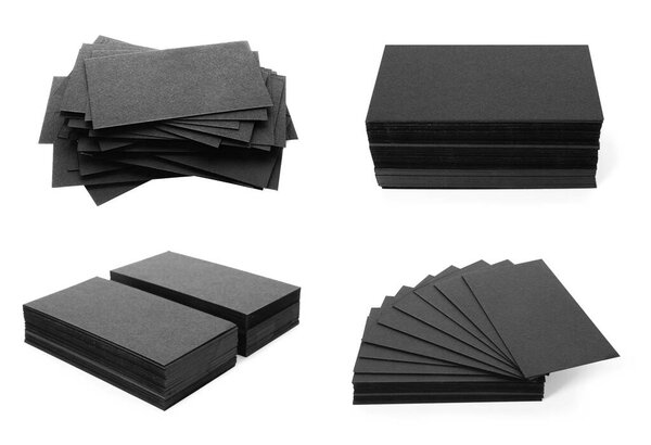 Many black business cards isolated on white
