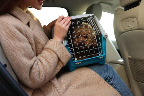 Smiling woman with pet carrier travelling with her dog by car, closeup
